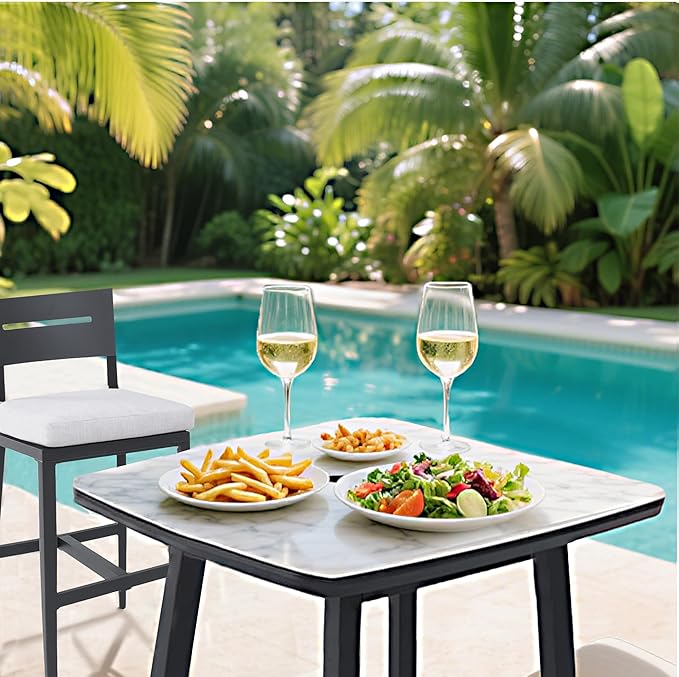 Modern 35.4'' Rounded Square Outdoor Bar Table, Greek White Marble-Inspired Sintered Stone Top, Umbrella Hole, Rust-Free Aluminum Frame, Ember Black, Weatherproof Table for Garden, Poolside