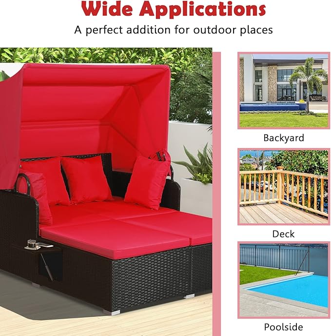 ORALNER Outdoor Daybed, 2-Person Wicker Patio Sofa with Retractable Canopy, Cushions & Pillows, 2 Side Trays, PE Rattan Double Sunbed Lounger for Deck Poolside Backyard Garden Balcony (Red)