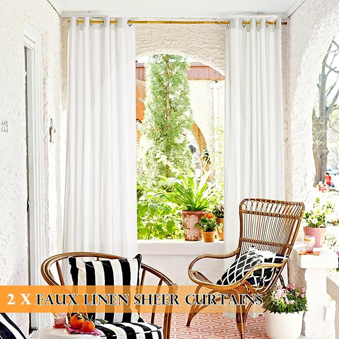 RYB HOME Outdoor Sheer Linen Curtains for Patio Privacy, Waterproof Light Filtering Drapes for Gazebo Porch Pergola, 2 Pieces with Curtain Ropes, 52 inch Width x 108 inches Long