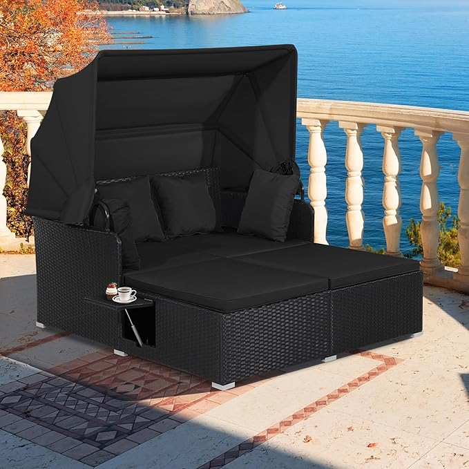 Moccha Outdoor Daybed with Retractable Canopy, Wicker Cabana with 2 Side Tables & Soft Cushions ,Hand-Woven PE Rattan Bed Lounger, Patio Sectional Furniture Set for Garden Backyard Porch (Black)