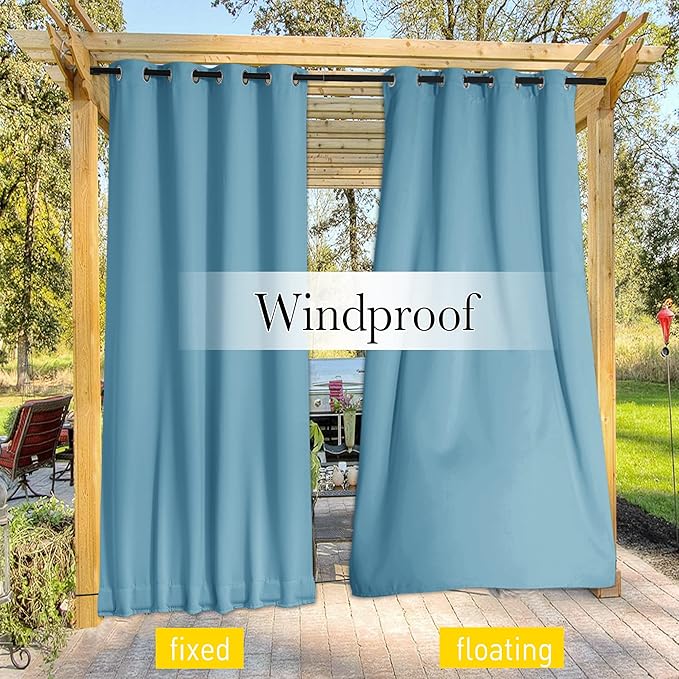NICETOWN 2 Panels Weighted Blackout Outdoor Curtains for Patio Waterproof, Grommet & Back Tab on top and Bottom Windproof Privacy Thermal Drapes for Cabana with Fixed Rope, W52 x L95, Teal Blue