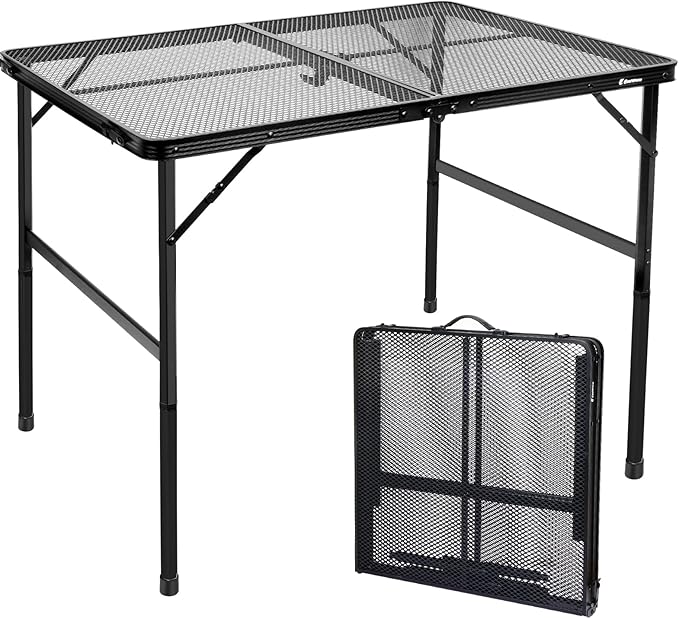 4 ft Folding Table with Metal Mesh Desktop, Grill Table Camping Table with Carry Handle,Adjustable Height (16.5" & 26"), Outdoor Table for Camp, Cooking, BBQ, RV, Picnic,Fits 4–8 People,Black