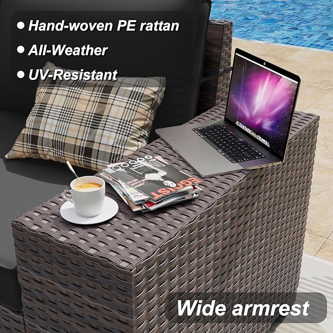 ALAULM 7 Pieces Patio Furniture Set with Fire Pit Table 55000BTU, Oversized Seat/Armrest and High Back Wicker Conversation Set with Thick Cushion for Backyard, Garden, Black