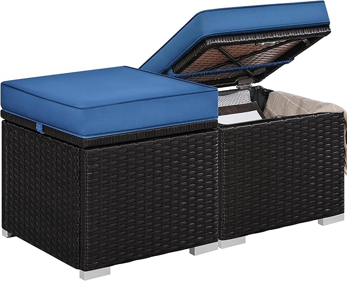 Yaheetech Wicker Ottomans, Set of 2 Patio PE Rattan Side Tables with Hidden Storage & Removable Cushion, Outdoor/Indoor Footstools, Additional Seating for Garden/Balcony/Yard, Brown/Dark Blue