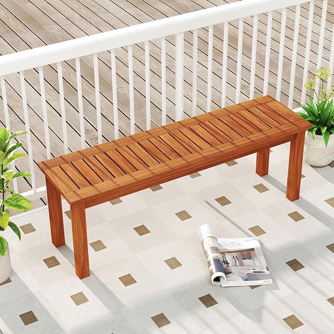 Tangkula Outdoor Wood Bench, 2-Person Backless Patio Garden Bench with Slatted Seat, Front Porch Dining Seating Furniture for Deck, Yard and Park (2)
