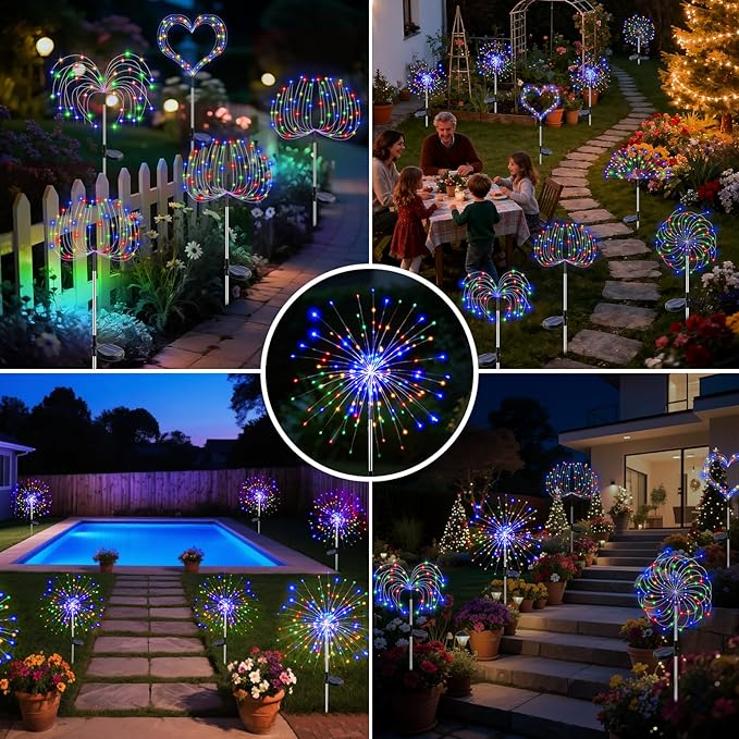 btfarm 4 Pack 120 LED Solar Garden Lights Outdoor, 8 Modes Firework Lights Solar Powered, Waterproof Twinkle Fairy Light Outside for Yard Patio Pathway Pool Christmas Party Decorative, Multicolor