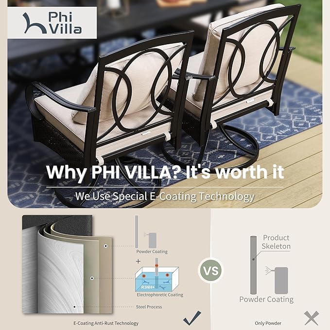 PHI VILLA Patio Swivel Chairs Set of 2, Heavy Duty Outdoor Metal Wicker Dining Chair with Padded Cushions, Large All Weather Wrought Iron Patio Chair for Deck Support 300lbs