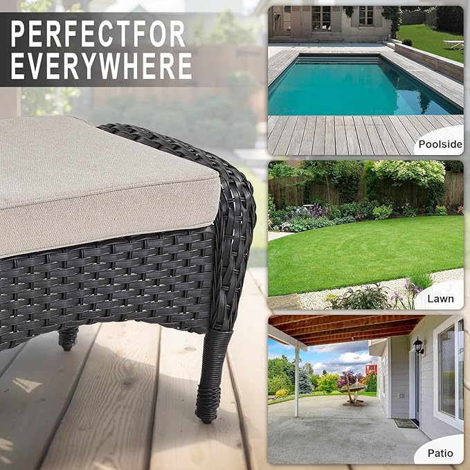 Belord Outdoor Ottomans for Patio Foot Rest - 25 Inch PE Wicker Foot Stool Set of 2 with Removable Cushions for Patio Furniture Sets,All Weather Rattan Ottoman for Balcony Deck Backyard Black