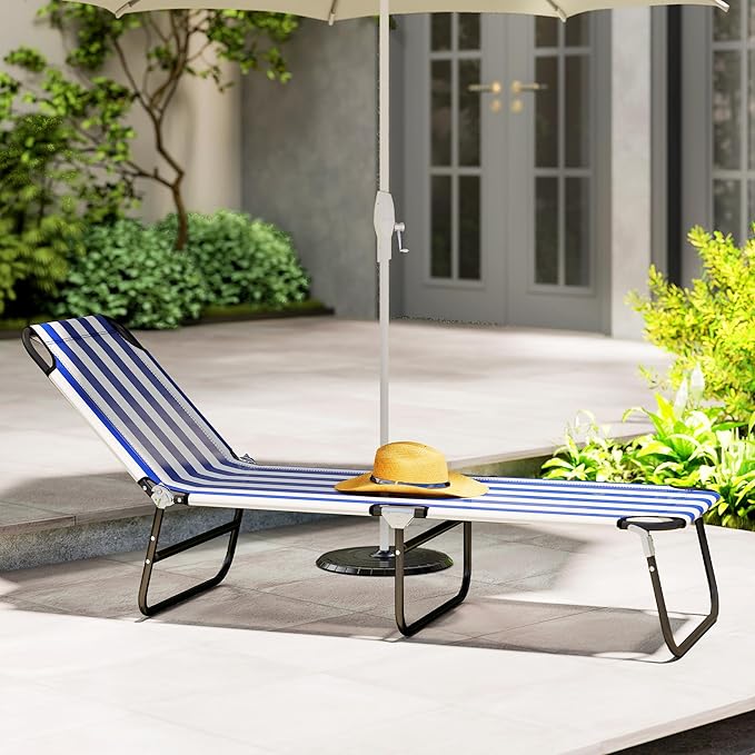 Outsunny Folding Chaise Lounge Pool Chairs, Outdoor Sun Tanning Chairs with 5-Level Reclining Back, Steel Frame for Beach, Yard, Patio, Blue and White