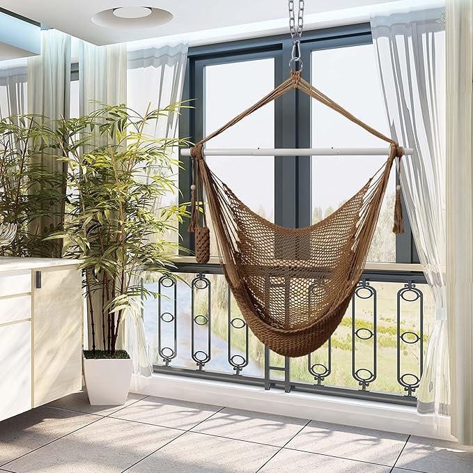 Lazy Daze Hammocks Chair Caribbean Hanging Rope Swing Chair, 40" Removable Steel Spreader Bar with Anti-Slip Rings, Soft-Spun Cotton Rope for Indoor/Outdoor Backyard & Living Room, Max 500 LBS, Tan