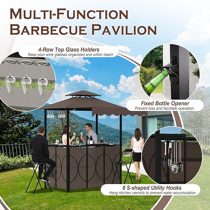 Grepatio 3 Piece Patio Bar and Grill Set, Grill Gazebo with Bar Table and 2 Foldable Stools, Outdoor Bar Set with Canopy, Extra Adjustable Shadow, Storage Shelves, Glass Holders for Garden Backyard
