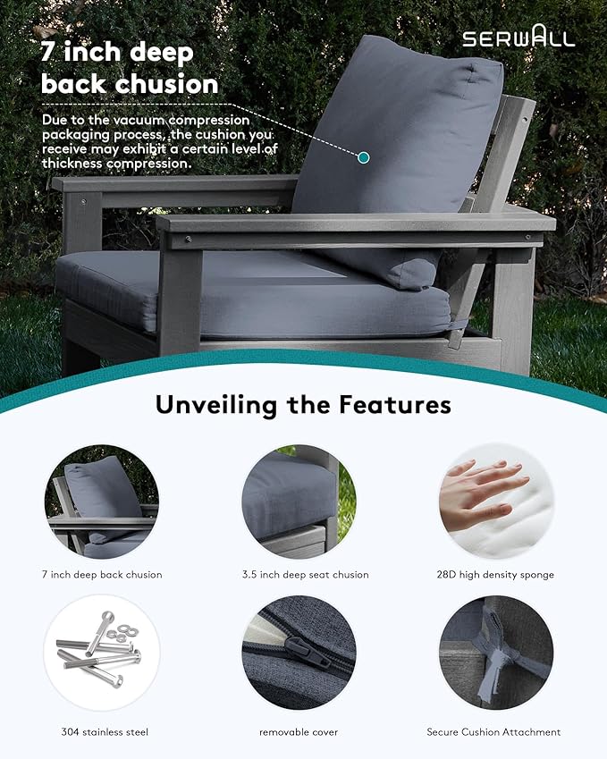 SERWALL HDPE Patio Conversation Set, 6-piece Sectional Outdoor Furniture Set, All Weather Outdoor Couch Set Patio Furniture Set for Deck, Lawn, Grey Frame with Grey Cushion