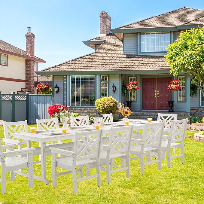 HDPE Dining Table Set for 10,12-Piece Outdoor Table and Chairs Include 10 Dining Chairs and 2 Pcs 62.5" Patio Dining Table with Umbrella Hole (White)