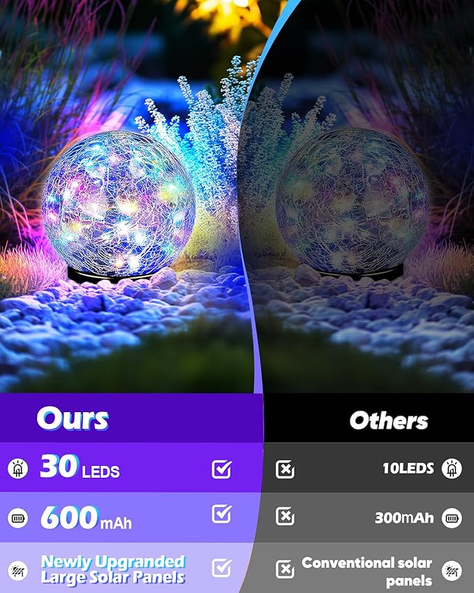 Coroor Garden Solar Ball Lights Outdoor Waterproof, 30 LED Cracked Glass Globe Solar Power Ground Lights for Path Yard Patio Lawn, Christmas Decoration Landscape Colorful (2 Pack 3.9'')