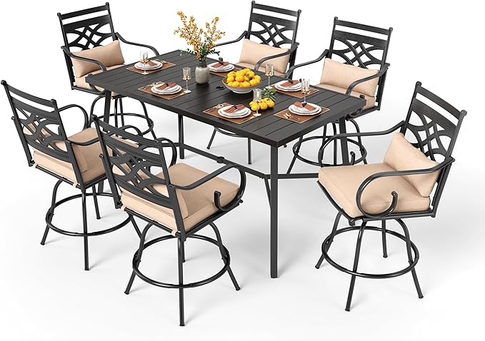 PHI VILLA 7 Pieces Patio Bar Set,Outdoor Bar Table and Chairs Set, Strong and Heavy Duty Outdoor Bar Set with Cushion and Pillow，6PCS Swivel Bar Stools with Rectangular Bar Height Table