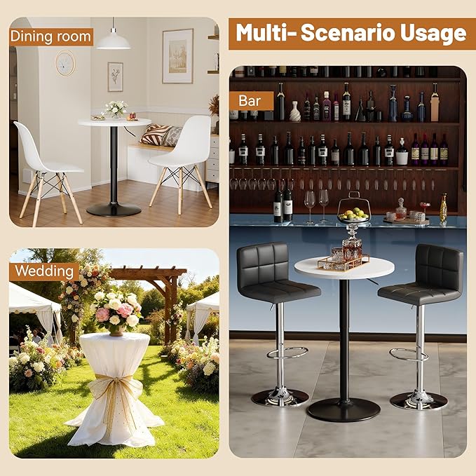 Flamaker Round Bistro Pub Table 23.6 Inch Height Adjustable 360° Swivel Bar Table Metal Base for Pub, Dining Room, Party (1, White-Black)