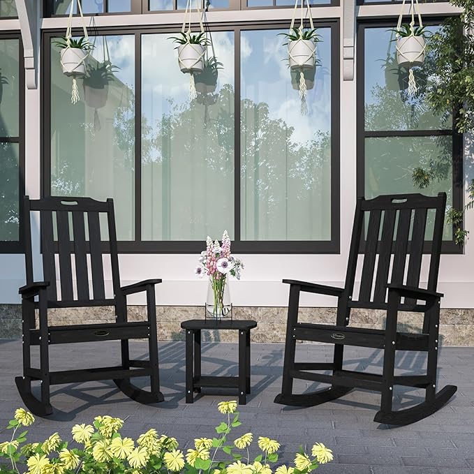 Oversized Rocking Chair, Outdoor Rocking Chair for Adults, All Weather Resistant Porch Rocker for Lawn Garden, Black