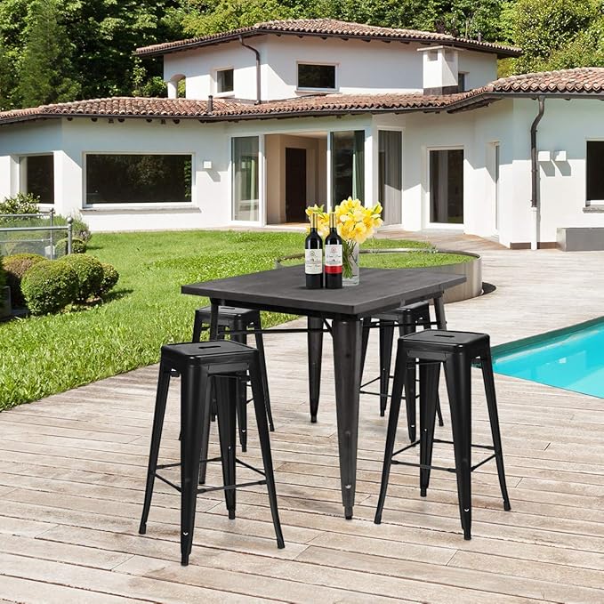 COSTWAY Metal Bar Stools Set of 4, with Removable Back, 30‘’ Bar Height with Rubber Feet, Stylish and Modern Chairs, for Kitchen, Dining Rooms, and Side Bar (Black, 30'')