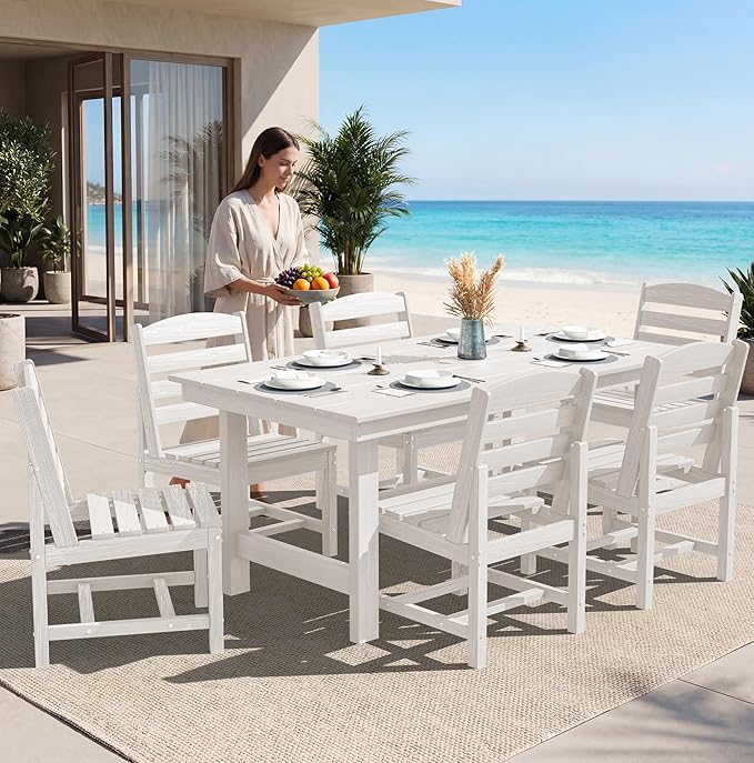 SERWALL Patio Dining Sets for 10 Person, HDPE Dining Set with 2 Tables, 8 Armless Chairs and 2 Armed Dining Chairs, White
