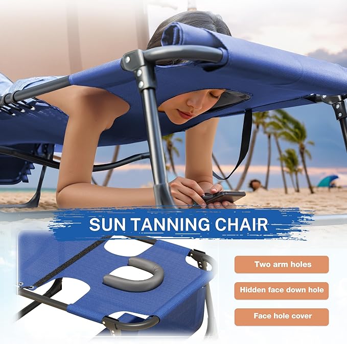 Devoko Beach Lounge Chair, Outdoor Sun Tanning Chair with Face Hole, Heavy Duty Folding Portable Lay Chaise Lounge Chairs for Outside Beach Pool Camping Patio, Blue