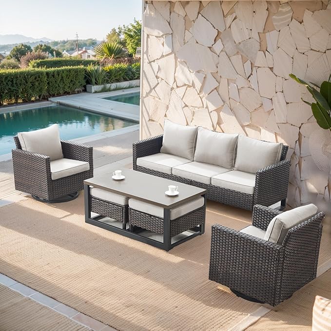 Belord 6 Piece Outdoor Furniture Patio Wicker Sofa Set, Oversize Outdoor Swivel Rocker Chairs with Rattan Ottomans, Conversation Sets Patio Furniture Come with Removable Washable