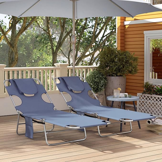 Outsunny Chaise Lounge Chair Outdoor Set of 2 with Face Arm Hole, 5-Position Reclining Face Down Tanning Chair with Carry Strap, Side Pocket, Portable Folding Bed Cot for Patio Beach Pool, Gray