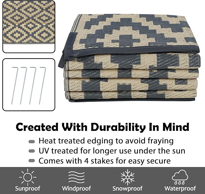 SAND MINE Reversible Mats, Plastic Straw Rug, Modern Area Rug, Large Floor Mat and Rug for Outdoors, RV, Patio, Backyard, Deck, Picnic, Beach, Trailer, Camping (8' x 10', Grey Tan Lattice)
