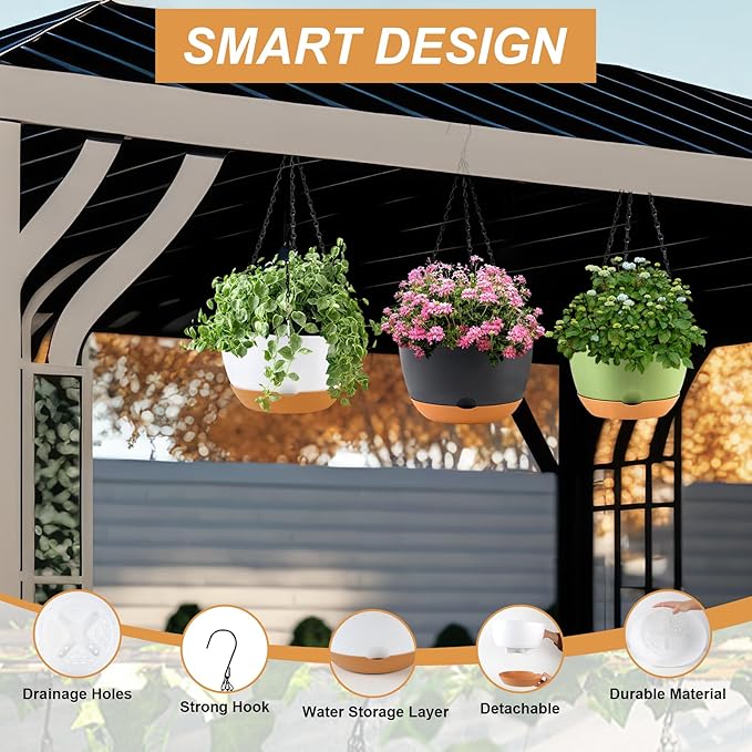 10 inch Hanging Planters Self Watering Pots for Indoor Plants, 3 Pack Plastic Hanging Basket with Removable Tray for Home Garden Porch Balcony Patio Decor (White)