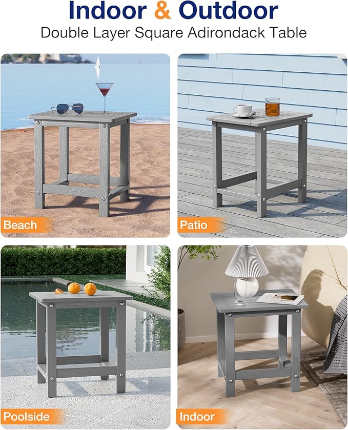 YEFU Outdoor Side Table for Patio: 16" HIPS Weather - Resistant Adirondack Tables Set of 2 - Small Square End Tables for Backyard Pool Porch Balcony - Indoor Outdoor Durable Table Grey