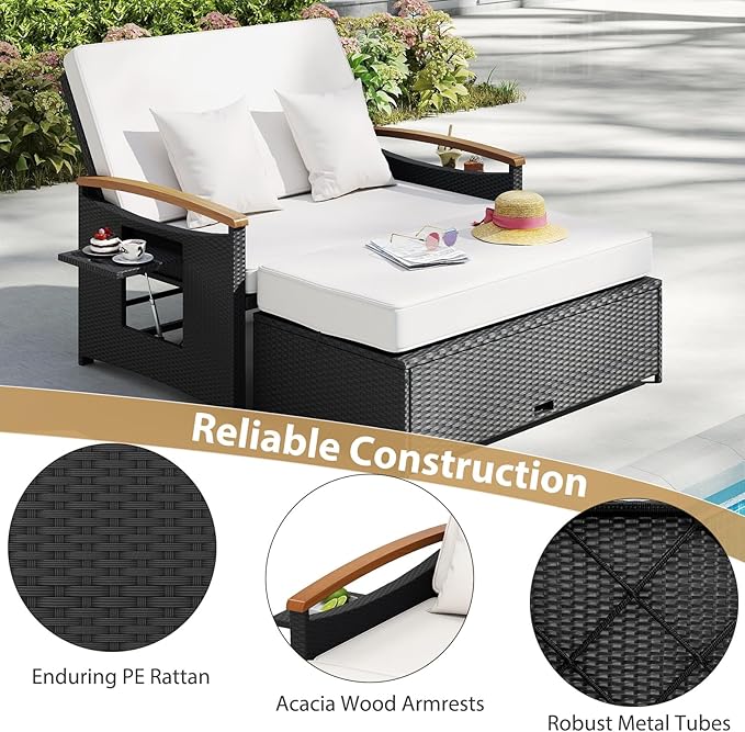 Moccha Outdoor Wicker Daybed, Patio Rattan Loveseat Sofa w/ 4-Level Adjustable Backrest, Folding Panels, Storage Ottoman & Cushions, Lounge Furniture Set for Poolside Backyard Porch (White & Black)