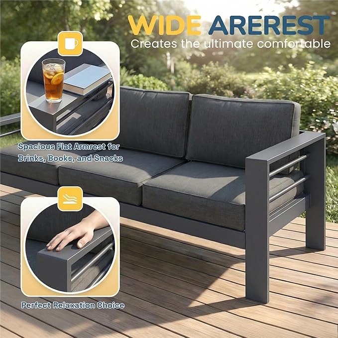 Solaste Aluminum Patio Furniture Set for All Weather, Oversized Metal Outdoor Furniture Set with 27.5" Deep Seating and 3.2" Wide Armrest, Outdoor Patio Sofa with 10" Back Suport Cushion
