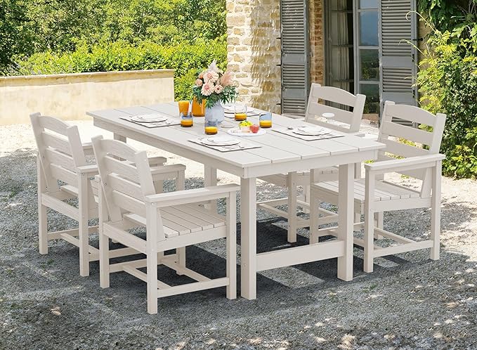SERWALL Patio Table Set, Outdoor HDPE Dining Set with Umbrella Hole, 5-Piece - Table and 4 Chairs, All Weather for Lawn, Garden, Poolside, White