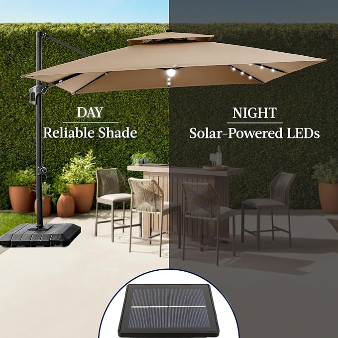 Best Choice Products 9x12ft LED Cantilever Patio Umbrella w/Base Included & 360° Rotation, Large Solar Offset Hanging Outdoor Sun Shade for Deck, Backyard Table w/Stand & Lights – Tan