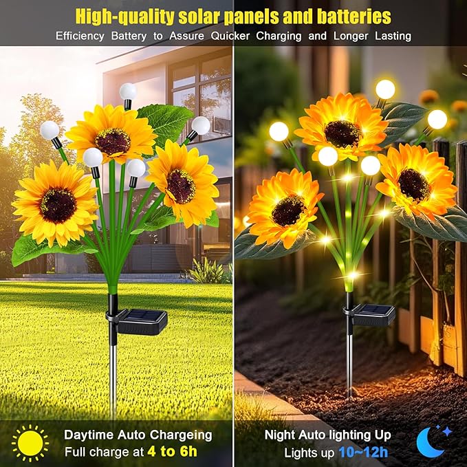 6 Pack Sunflower with Firefly Lights,Solar Lights Outdoor Garden Decor,Solar Flowers Lights Waterproof,Sunflowers Birthday Gifts for Mom Women,Decorative Stakes Fairy Lights for Yard Patio Lawn