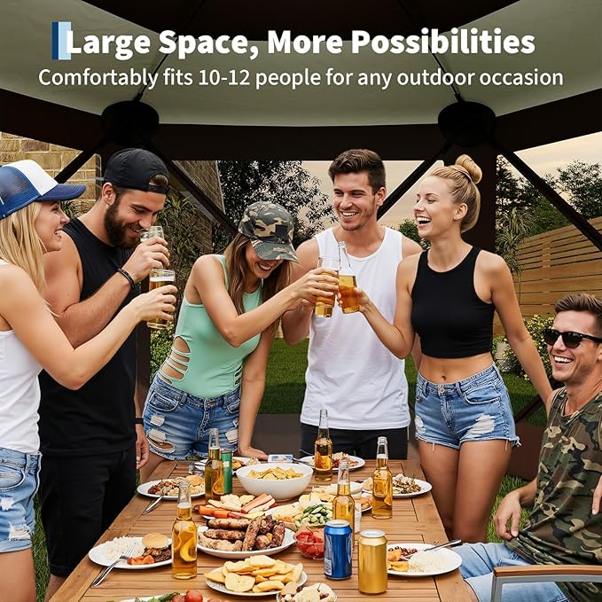 11.5x11.5FT 6-Sided Pop Up Gazebo Tent，One-Push Setup Canopy Tent with Mesh Panels & Removable Wind Cloths, Outdoor shelter for Camping, Backyard Parties, Outdoor Events - Beige & Khaki
