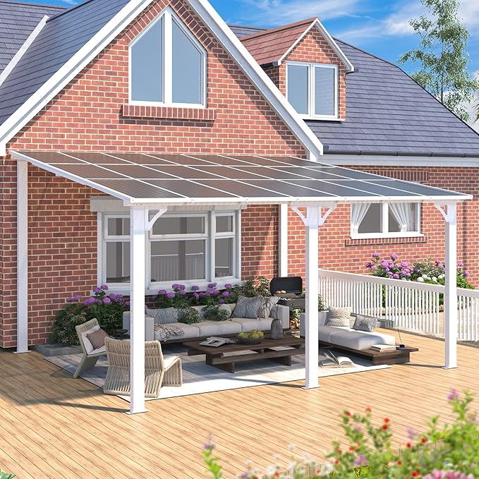 AECOJOY 14' x 12' Gazebo Outdoor Pergola for Patio, White 12x14 Large Wall-Mounted Hard Top Lean to Metal Gazebo Shelter Pergolas and Gazebos Clearance with Patio Roof, Heavy Duty Awnings for Backyard