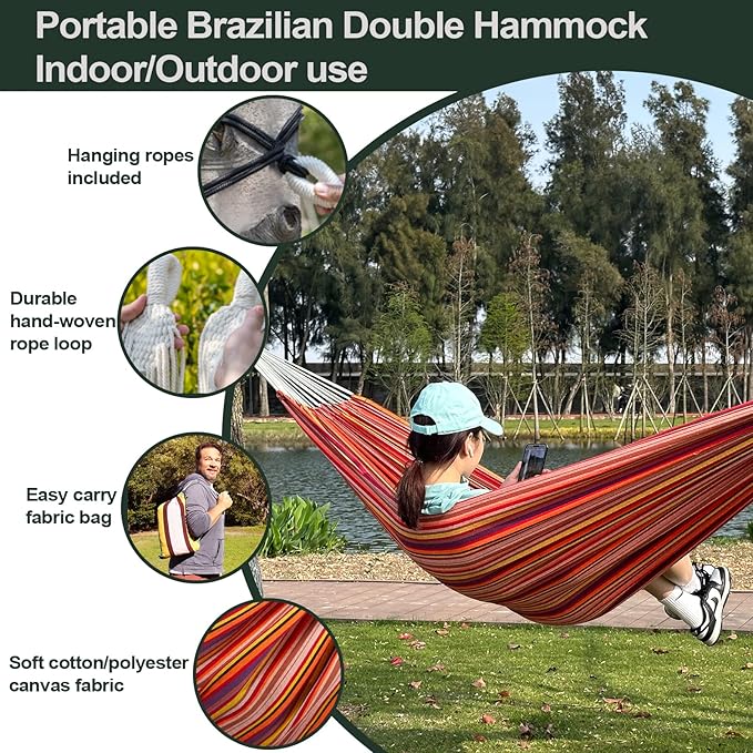 JoyView Brazilian Double Hammock with Hanging Ropes Extra Large 86.6x59” Portable Cotton Hammock for Patio Backyard Porch 450LBS Weight Capacity Perfect for Outdoor/Indoor - Red Stripes