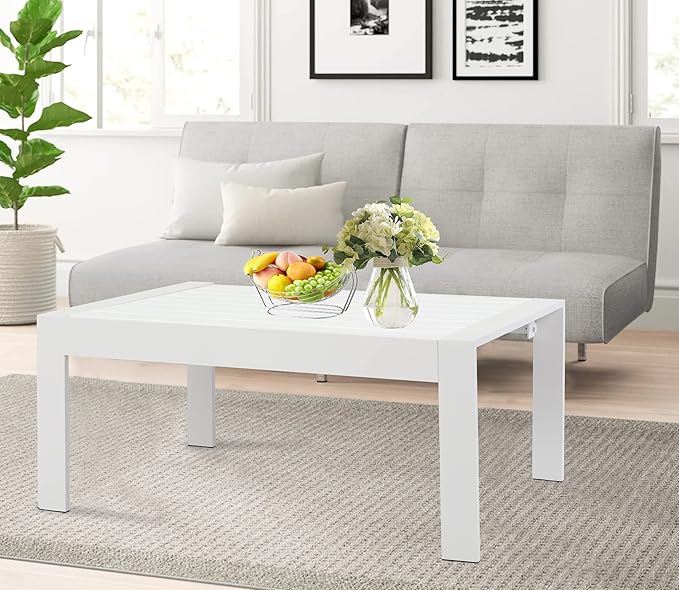 All-Weather Aluminum Outdoor Coffee Table, Modern Coffee Table for Outside, Rectangle Patio Coffee Table for Balcony Garden, White