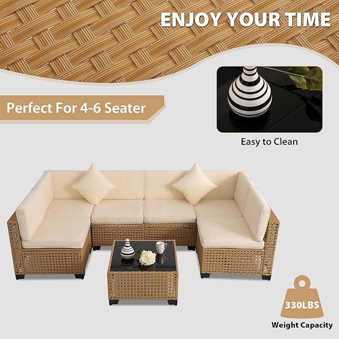 KIGOTY Patio Furniture Set,7 Pieces Modular Outdoor Sectional Sofa, PE Rattan Patio Conversation Set, All Weather Wicker Patio Furniture with Cushions and Coffee Table（Yellow/White）