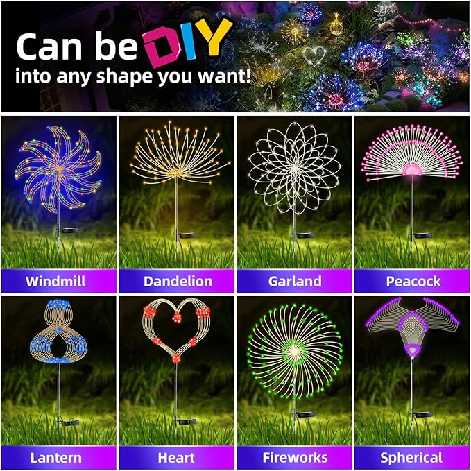 YOTOZU 4 PCS Solar Firework Light, Outdoor Solar Garden Decorative Lights 120 LED Powered 40 Copper Wires String DIY Landscape Light for Walkway Pathway Backyard Decoration Parties Perfect Gifts(Pink)
