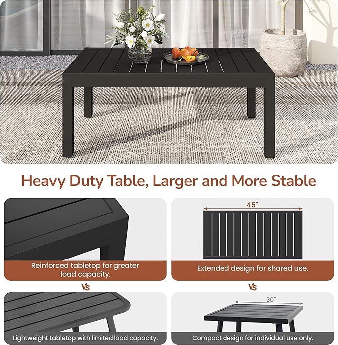 Wisteria Lane Aluminum Outdoor Coffee Table, Water-Resistant Metal Patio Side Table with Slatted Top, Modern Rectangular Outdoor Coffee Tables for Deck Porch Garden Poolside, Black