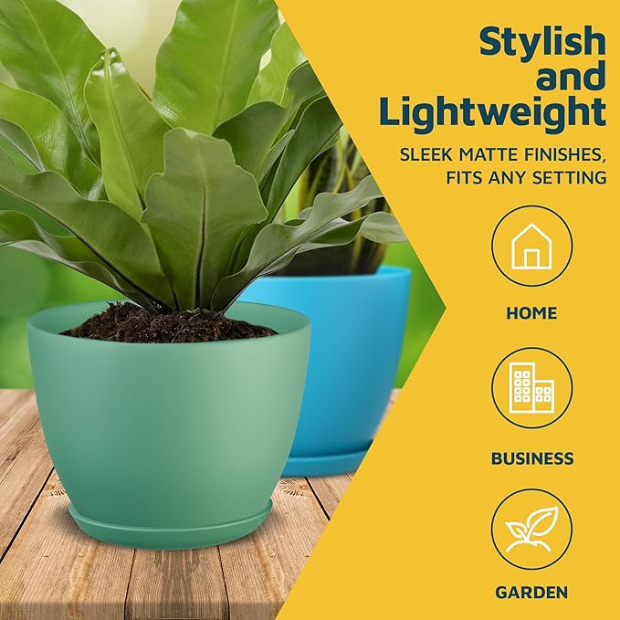 Multicolor Plant Pots with Drainage Holes & Saucers 5 Pack, Indoor & Outdoor Stackable Space-Saving Planters for Houseplants & Flowers, (7", 6.7", 6", 5.3", and 4.8" Inches), Durable & Weatherproof