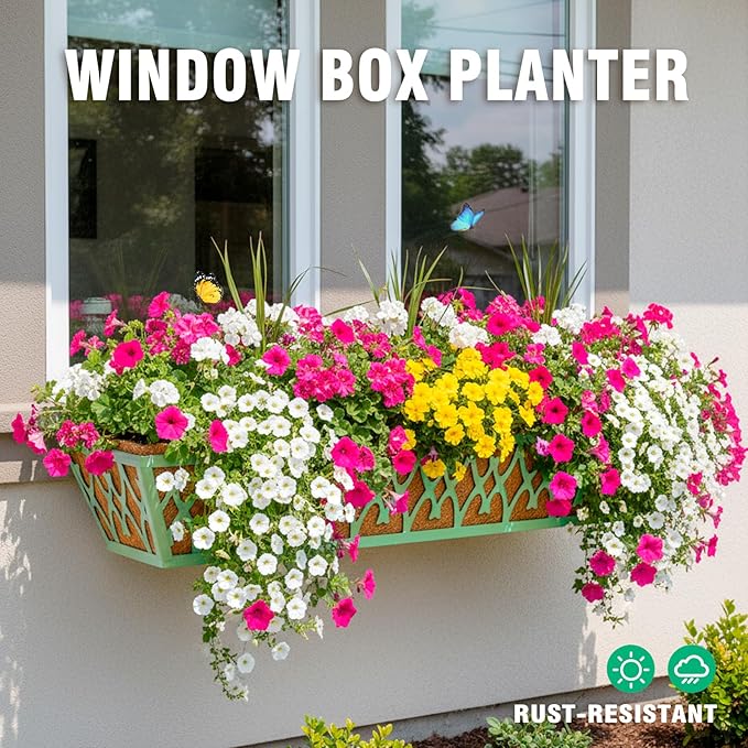 4 Pack 24 Inch Window Boxes Planters Railing Planter Box with Adjustable Brackets for Porch Fence Patio Balcony Hanging Flower Baskets with Coco Liners for Outdoor Garden Decor - Green