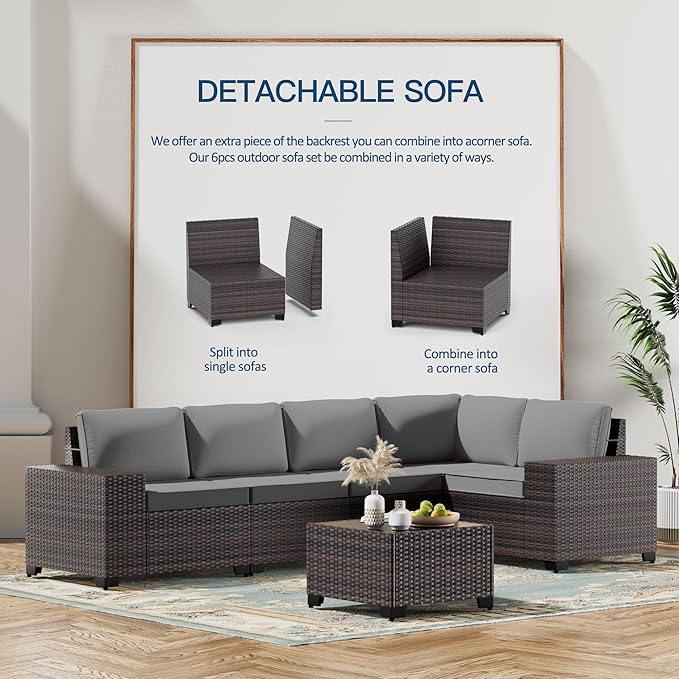 Kullavik 7 Pieces Outdoor Patio Furniture Set with 43" 55000BTU Gas Propane Fire Pit Table PE Wicker Rattan Sectional Sofa Patio Conversation Sets,Grey