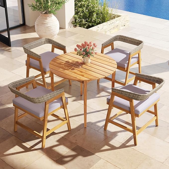 Tangkula 5 Piece Patio Dining Set for 4, Outdoor Solid Wood Round Table with Cushioned Chairs, for Deck, Lawn, Garden and Poolside