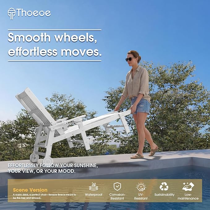 Patio Chaise Lounge Chair, Oversized Lounge Chair Outdoor with 5 Positions, HDPE, Patio Lounge Chair with Wheels & Cup Holder for Pool, Deck, Poolside,White