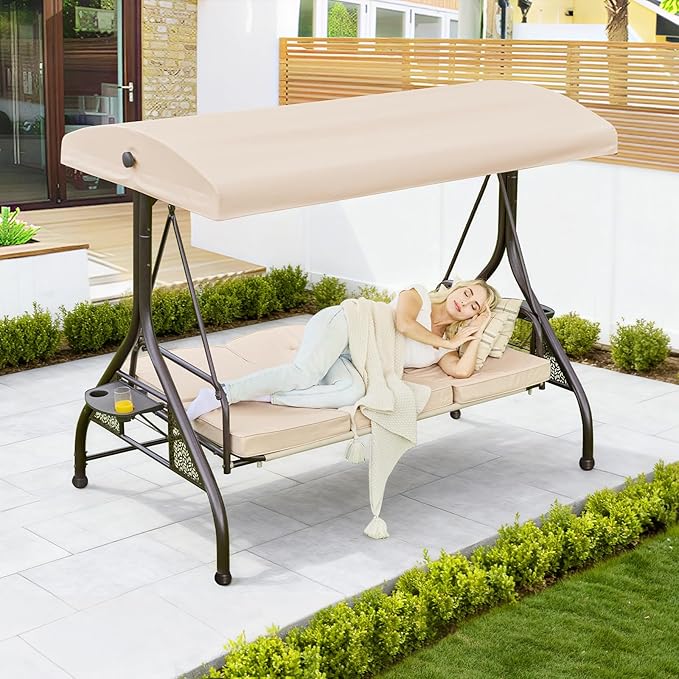 Upgrade 180° Convertible Outdoor Swing for Adults, Outdoor Porch Swing with Stand 800lb Bearing Capacity, 3-Seat Outdoor Swing with Canopy Adjustable, Thickened Cushions (Round, Khaki)