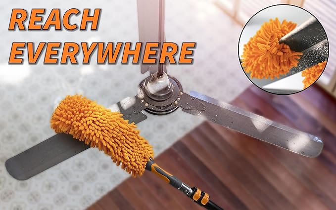 20 Feet High Reach Ceiling Dusters Set with 4-12 ft Extension Pole for Cleaning // Extendable Telescoping Long Reach Cobweb & Feather Dusters for High Ceiling // Extendable Ceiling Fan Blade Cleaner