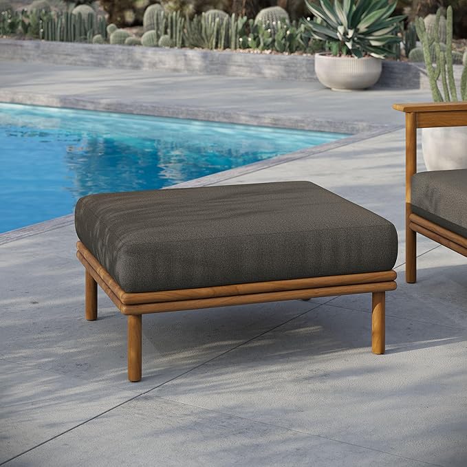 Modway Wren Teak Wood Outdoor Ottoman in Natural Flint Gray