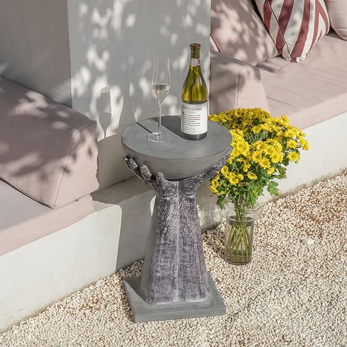 COSIEST Outdoor Side Table, Two Hands-Shaped Base w Round Top Accent Table, Lightweight Plant Stand, Concrete Finish